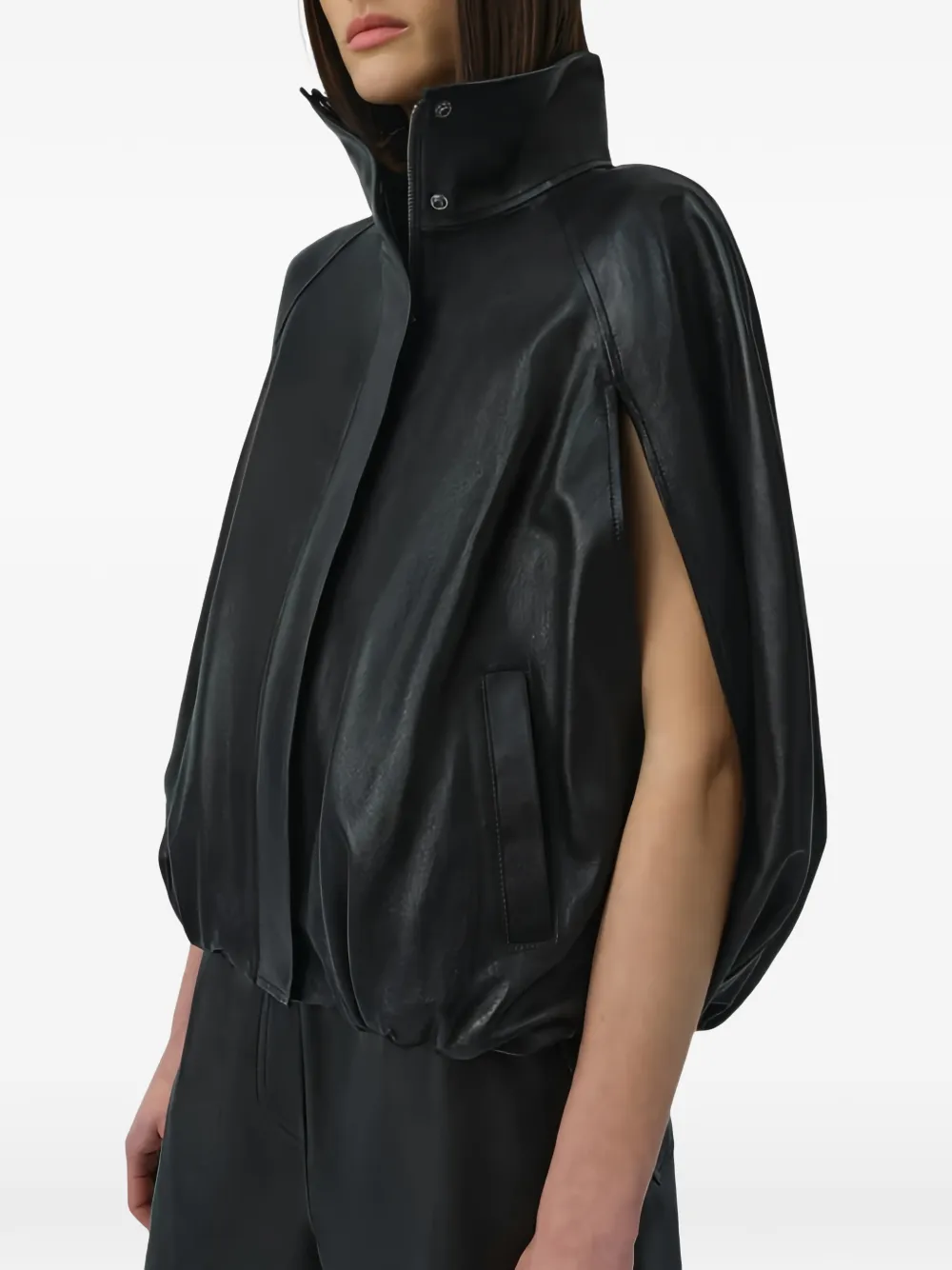 SIMKHAI Jada Leather Cape Jacket in Black, view 2