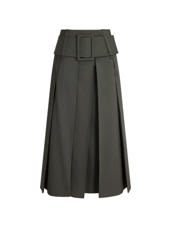Patou Belted Pleated Midi Skirt in Green