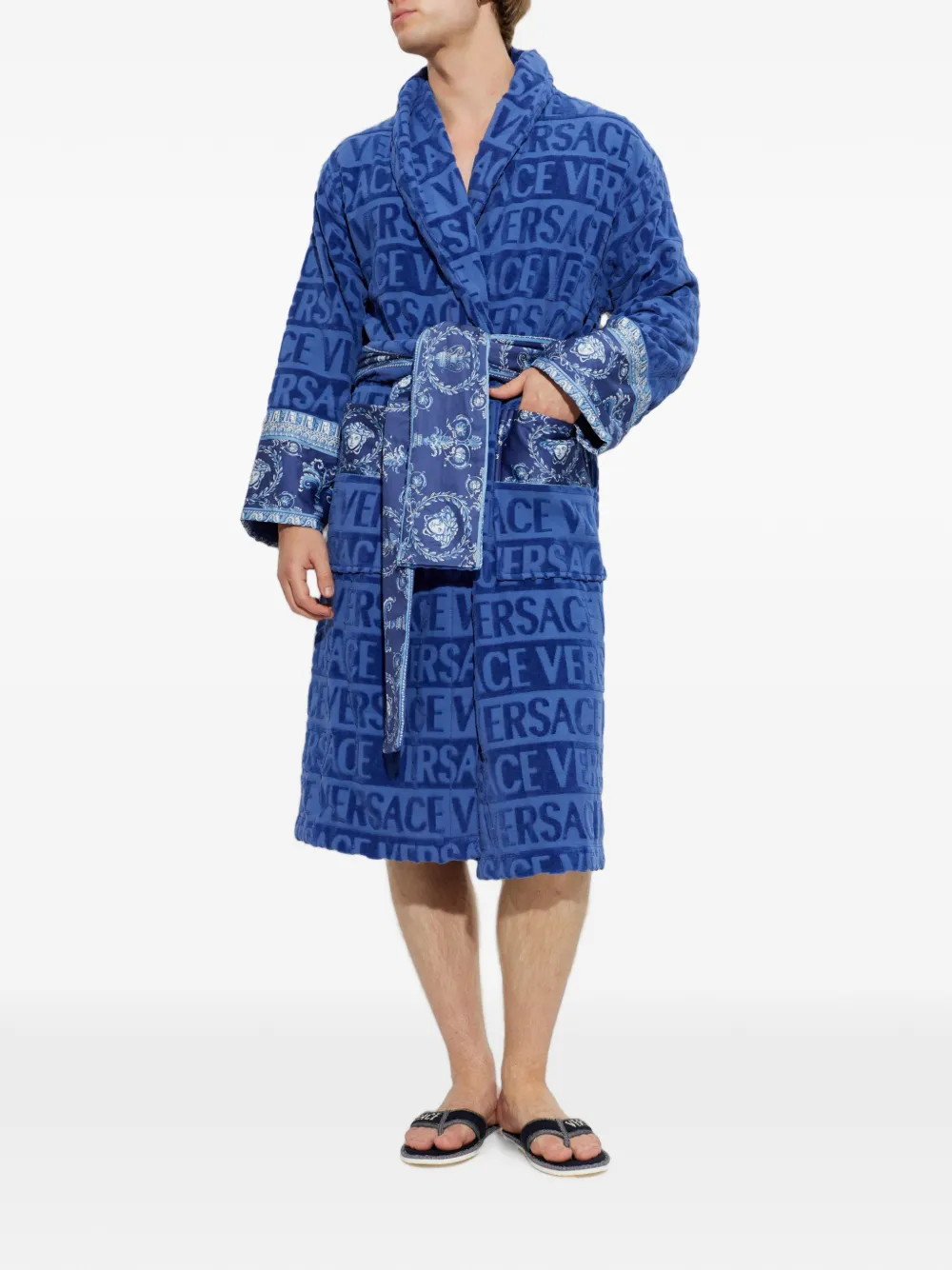 Versace Home logo-embroidered terry slippers Blauw