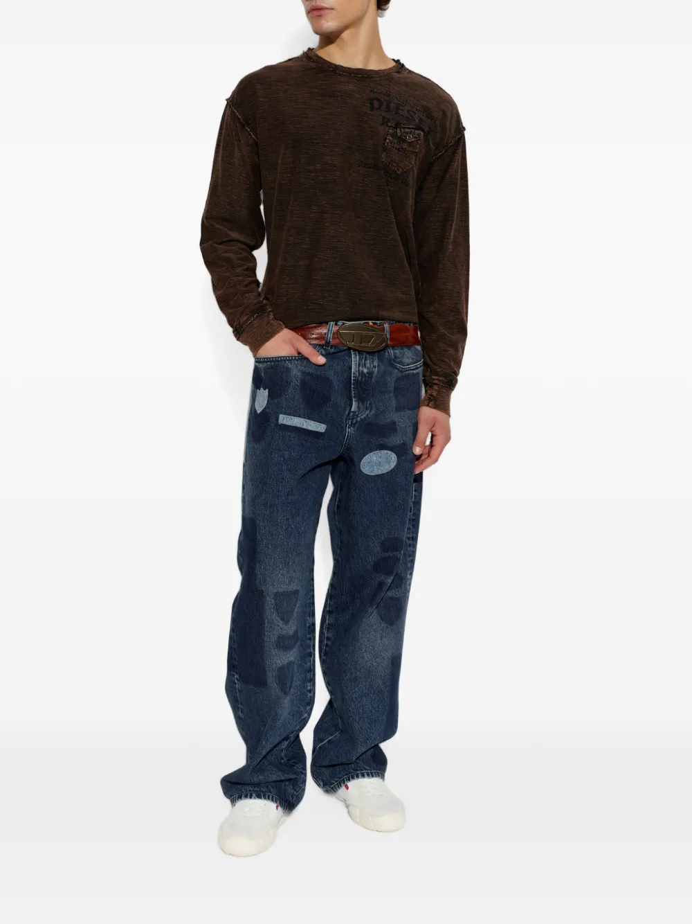Diesel T-Ardy-Ls gerafeld T-shirt met logoprint Bruin