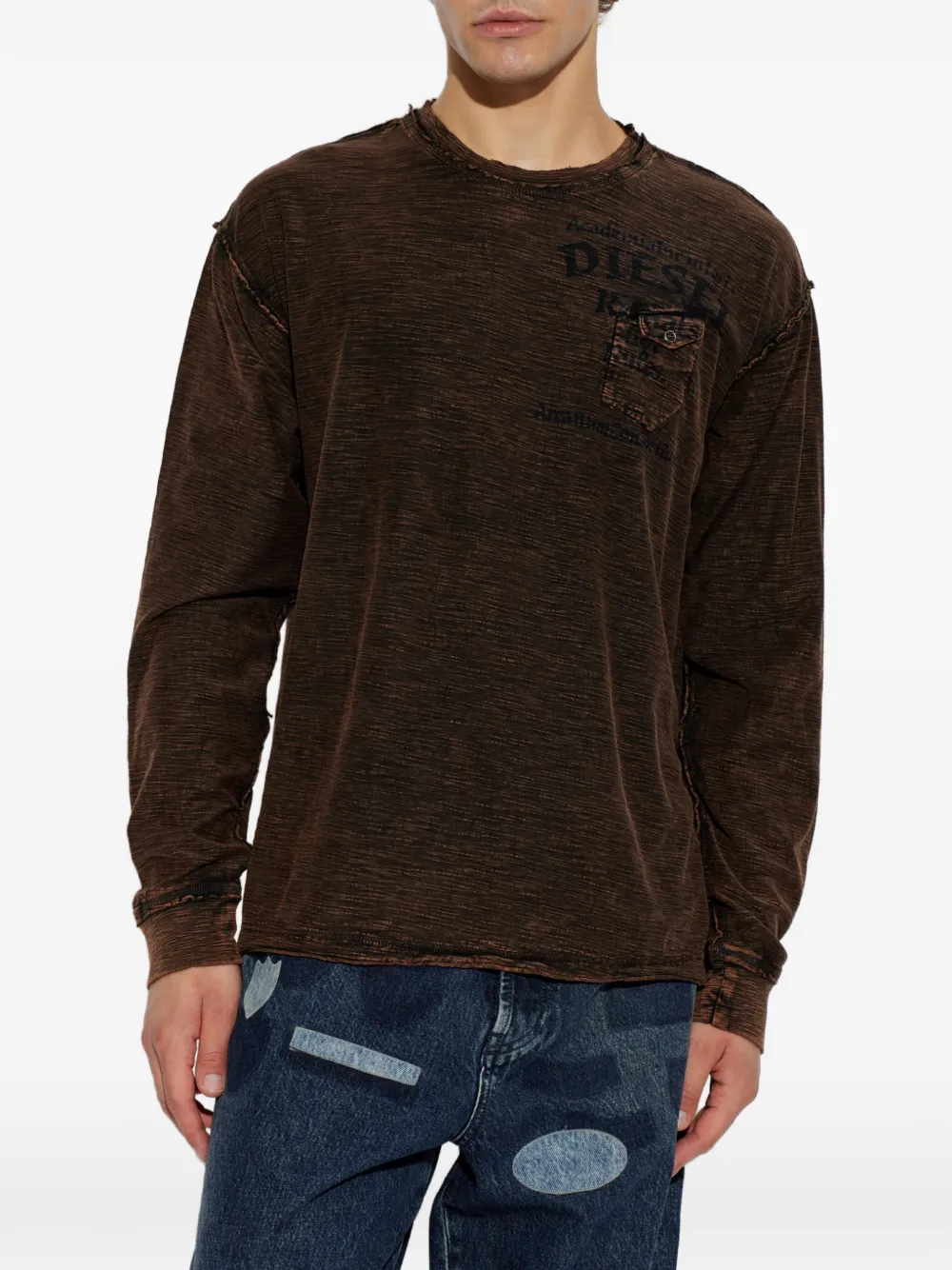 Diesel T-Ardy-Ls gerafeld T-shirt met logoprint Bruin
