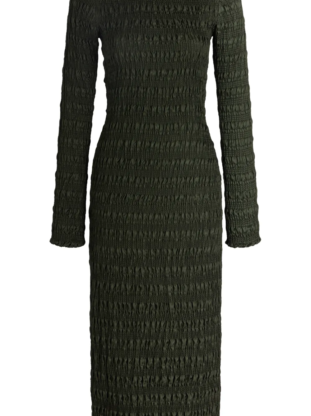 Patou Midi Smocked Long-sleeve Dress in Green