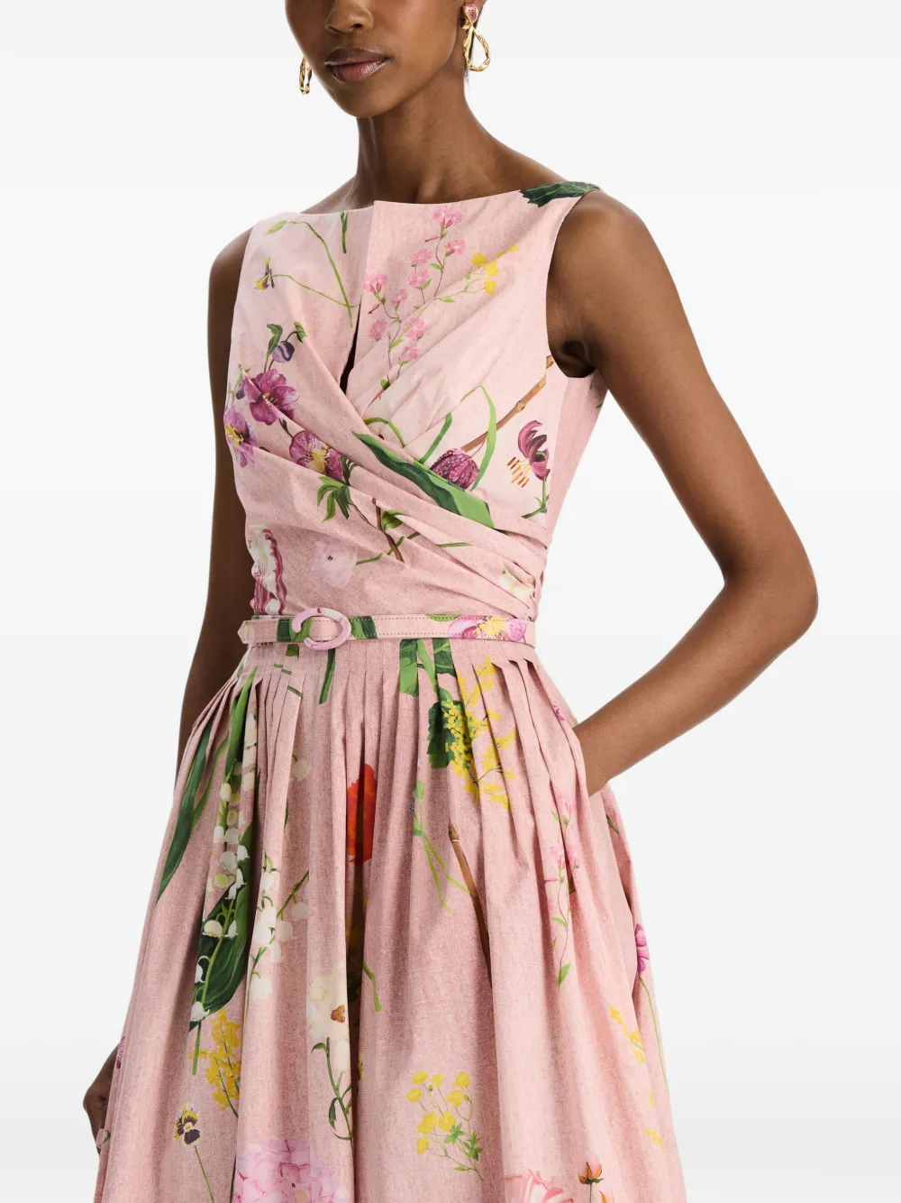 Oscar de la Renta Gedrapeerde flared midi-jurk met botanische print Roze