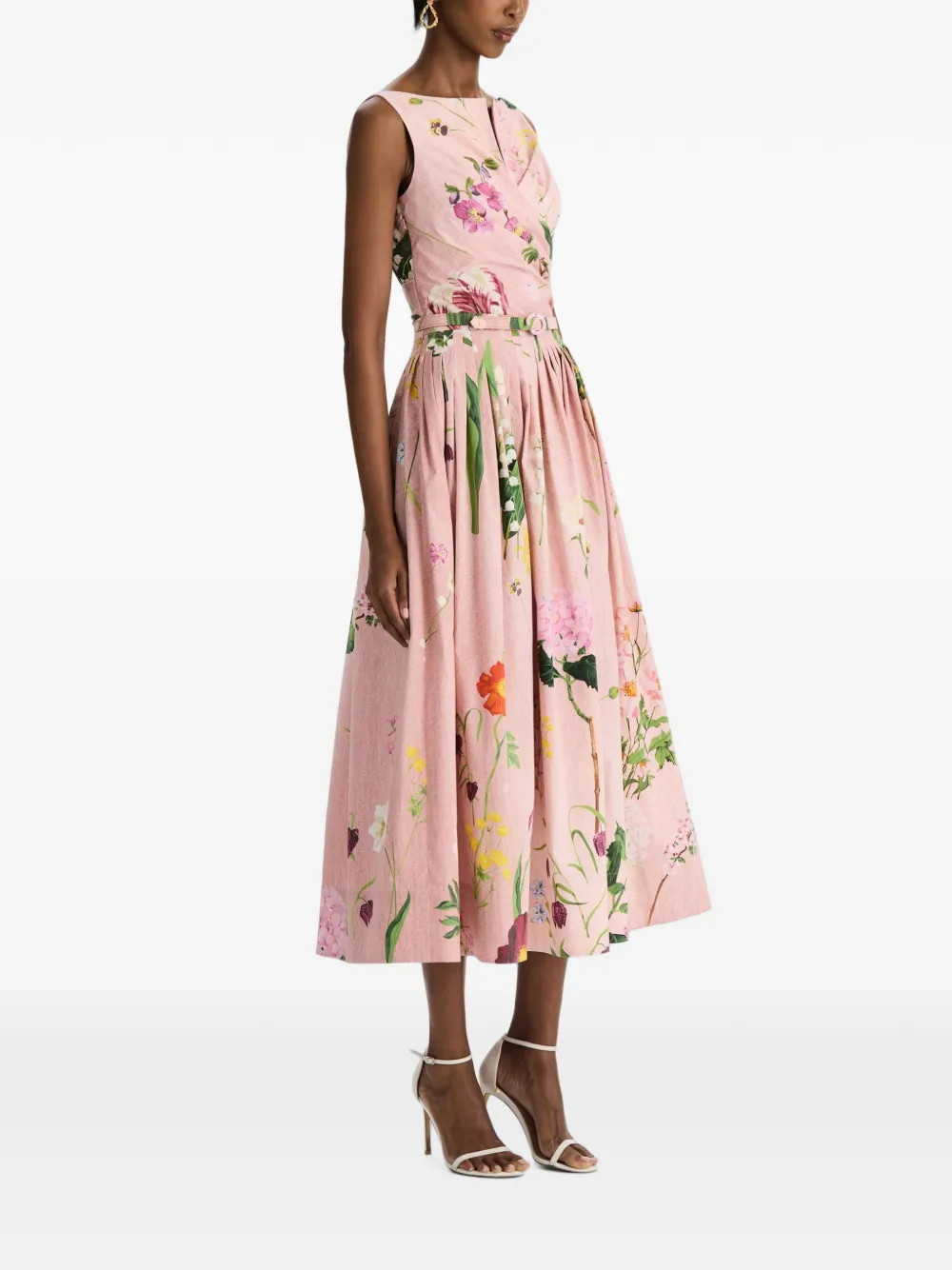 Oscar de la Renta Gedrapeerde flared midi-jurk met botanische print Roze