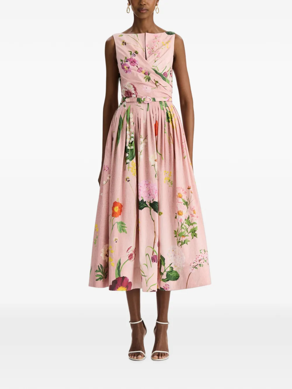 Oscar de la Renta Gedrapeerde flared midi-jurk met botanische print Roze
