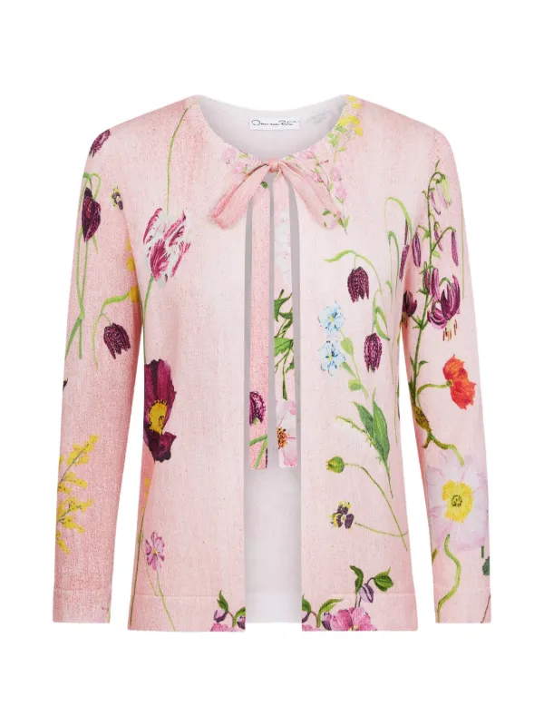 Oscar de la Renta Mixed-botanical Tie-neck Cardigan in Pink