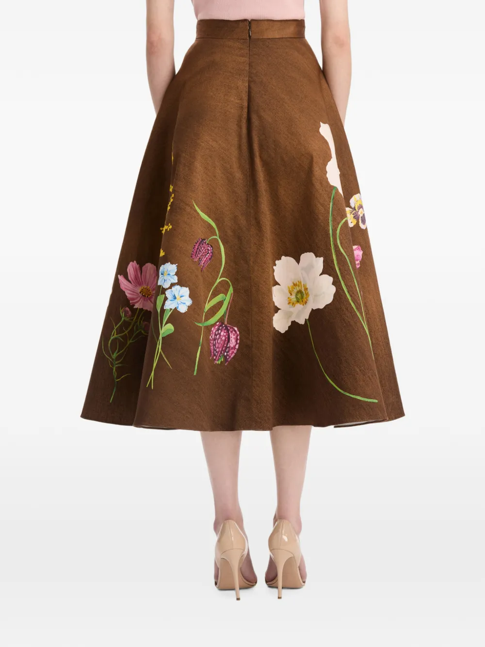 Oscar de la Renta Botanical-print Midi Skirt in Brown, view 5