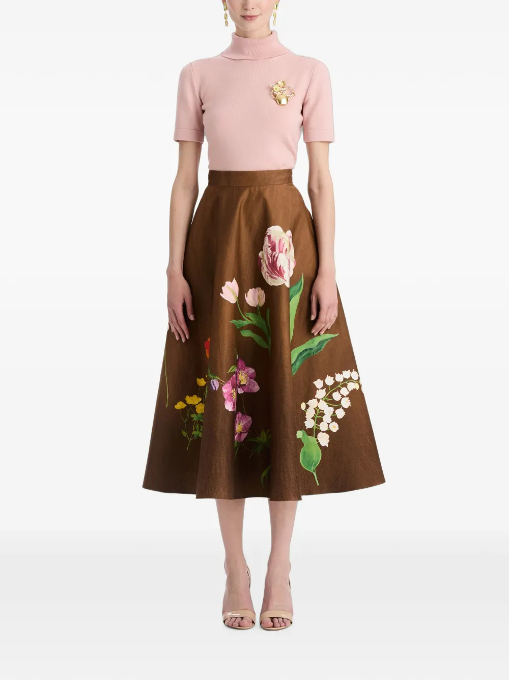 Oscar de la Renta Botanical-print Midi Skirt in Brown, view 2