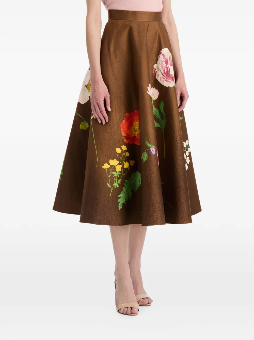Oscar de la Renta Botanical-print Midi Skirt in Brown, view 4