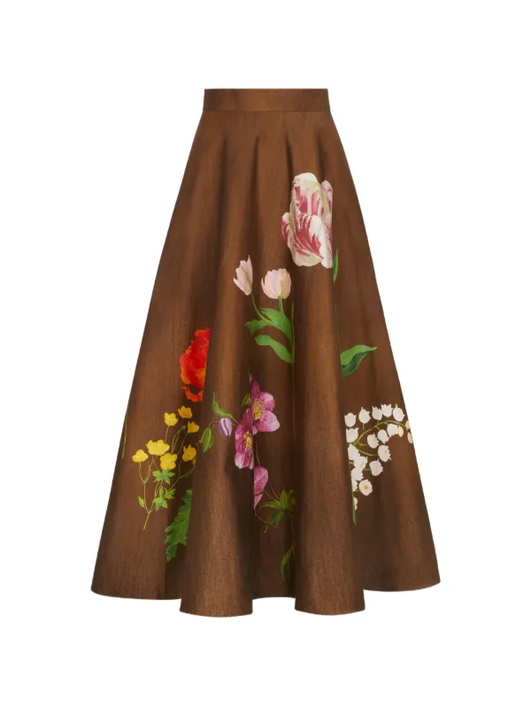 Oscar de la Renta Botanical-print Midi Skirt in Brown