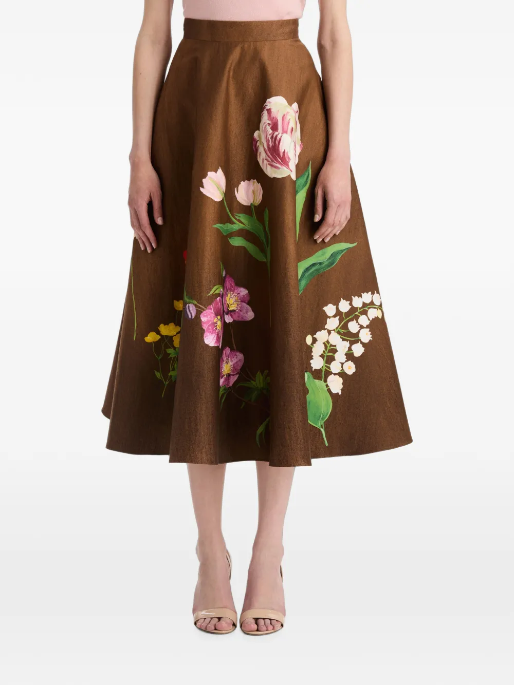 Oscar de la Renta Botanical-print Midi Skirt in Brown, view 3