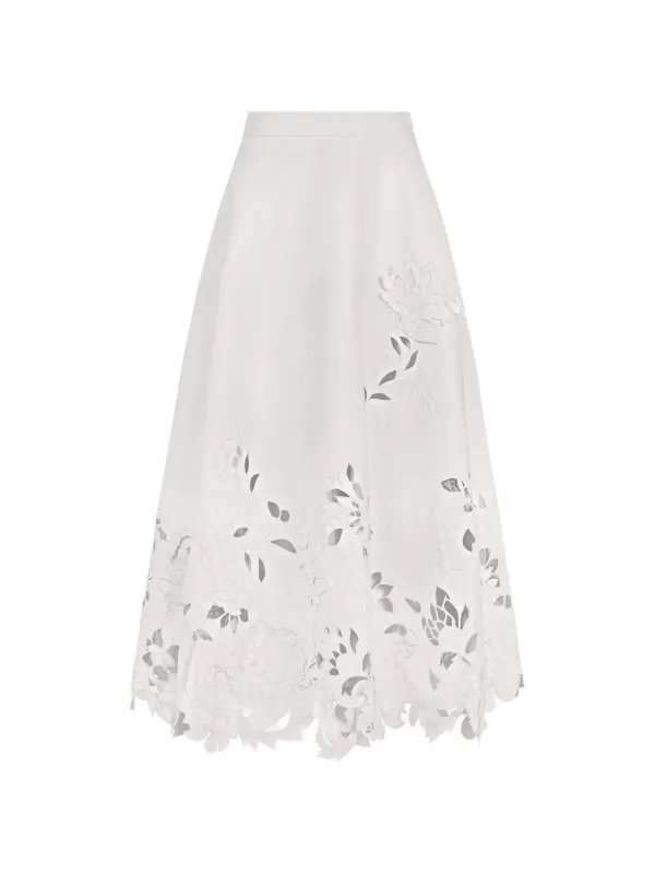 Oscar de la Renta Floral-cutout Midi Skirt in White