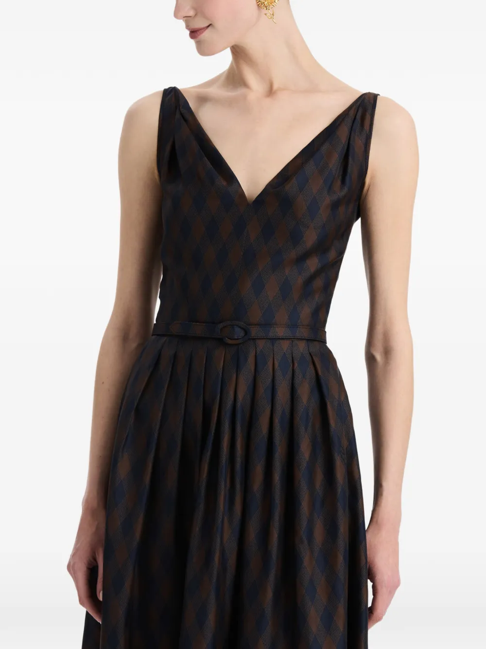 Oscar de la Renta Zijden twill midi-jurk met argyle-patroon Bruin