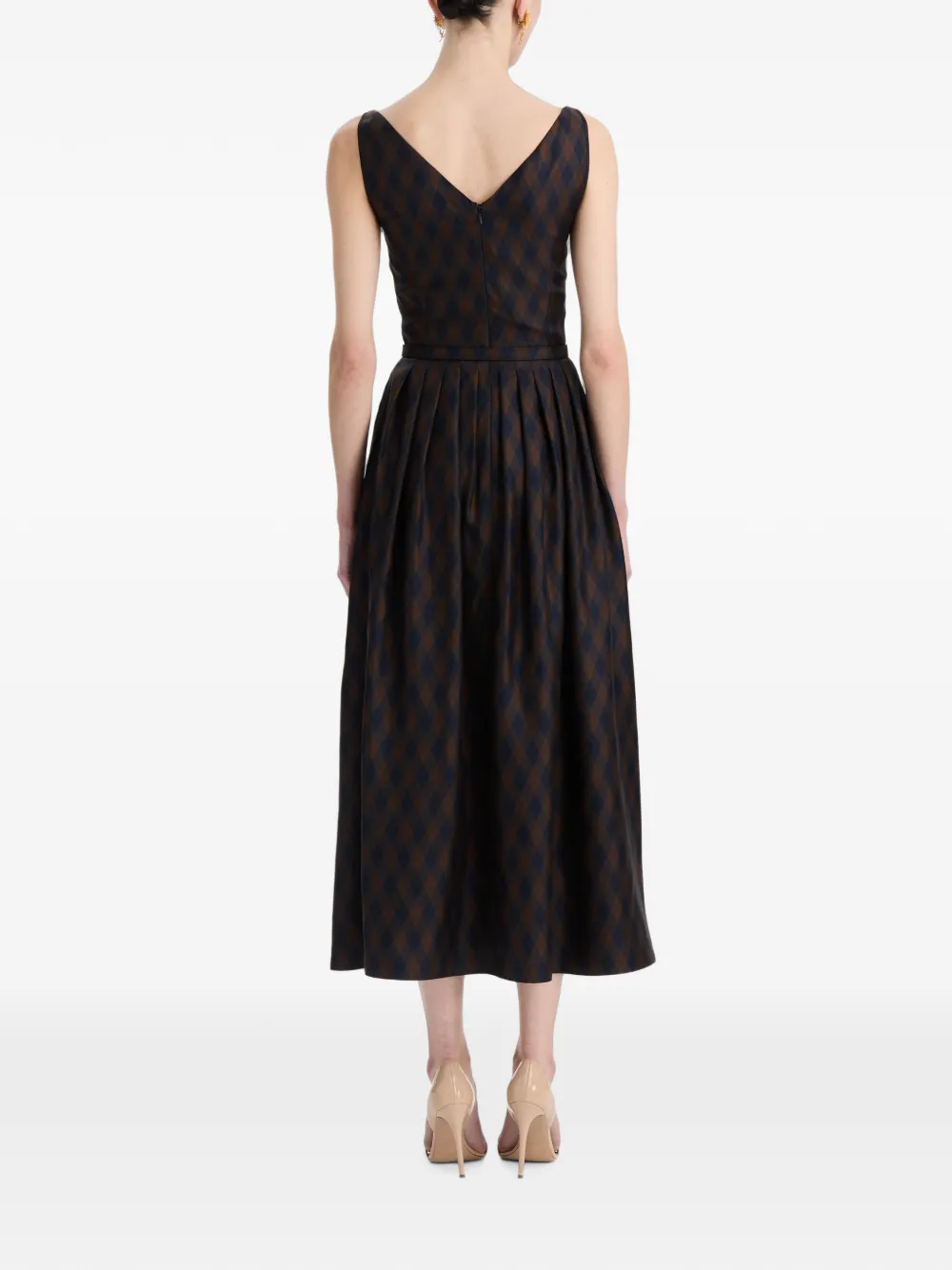 Oscar de la Renta Zijden twill midi-jurk met argyle-patroon Bruin