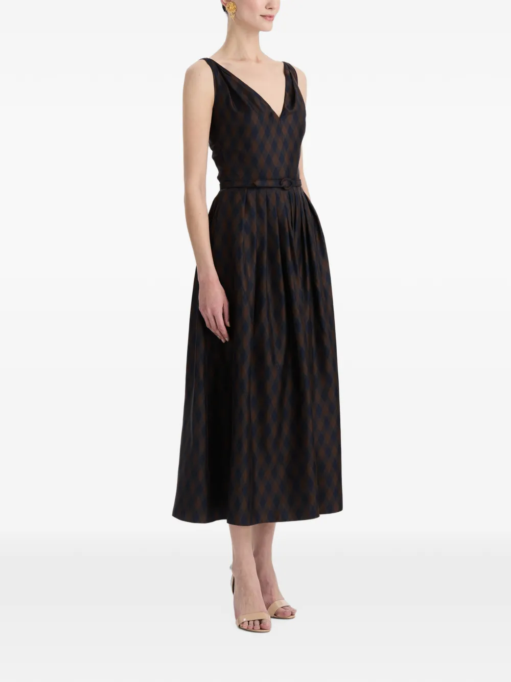 Oscar de la Renta Zijden twill midi-jurk met argyle-patroon Bruin