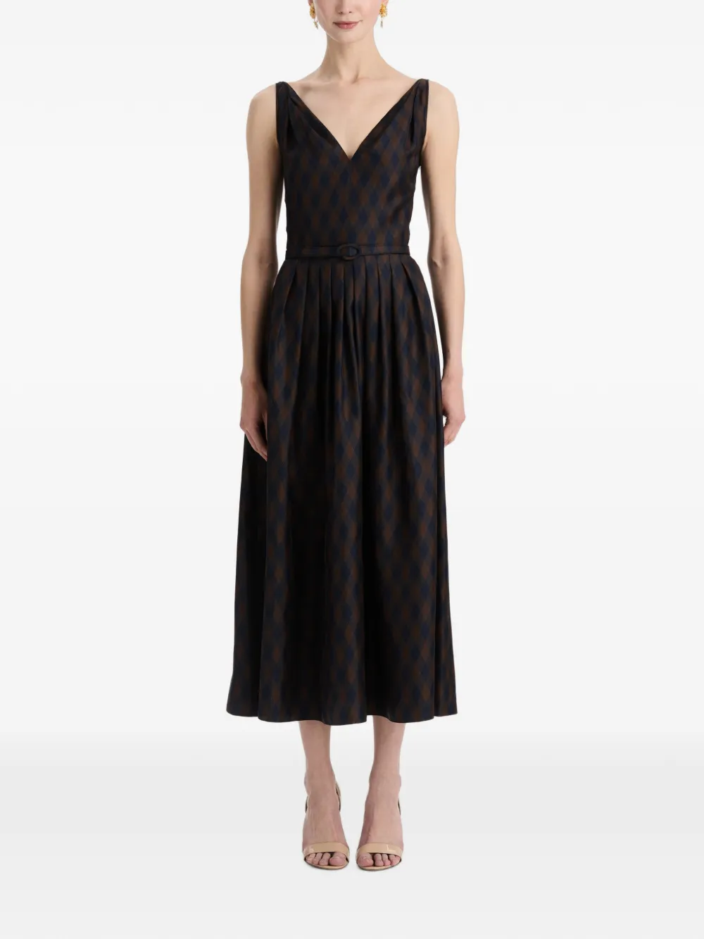 Oscar de la Renta Zijden twill midi-jurk met argyle-patroon Bruin