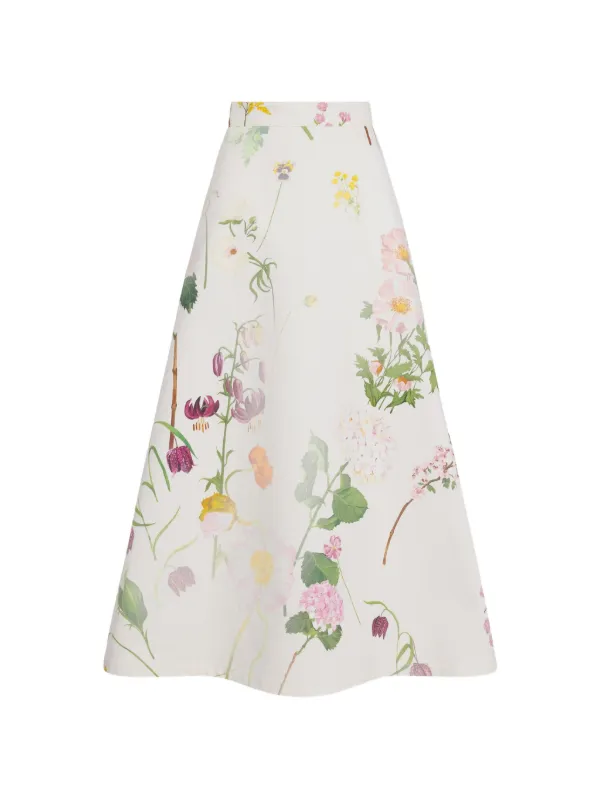 Oscar de la Renta Botanical-print Denim Skirt in White