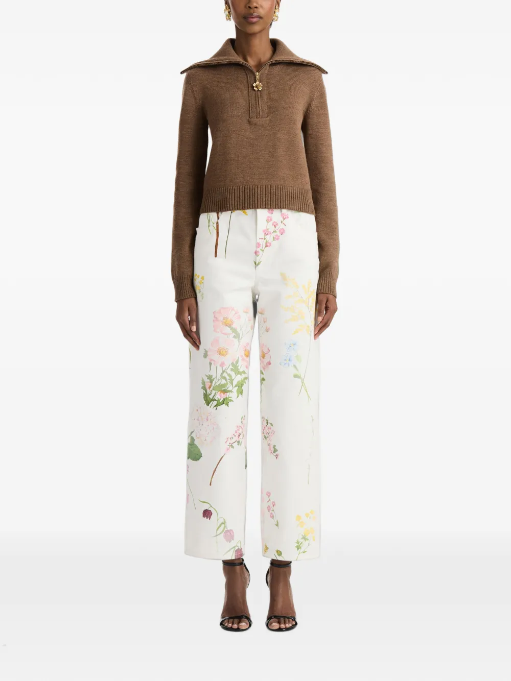 Oscar de la Renta Double-collar Quarter-zip Cropped Sweater in Brown, view 2