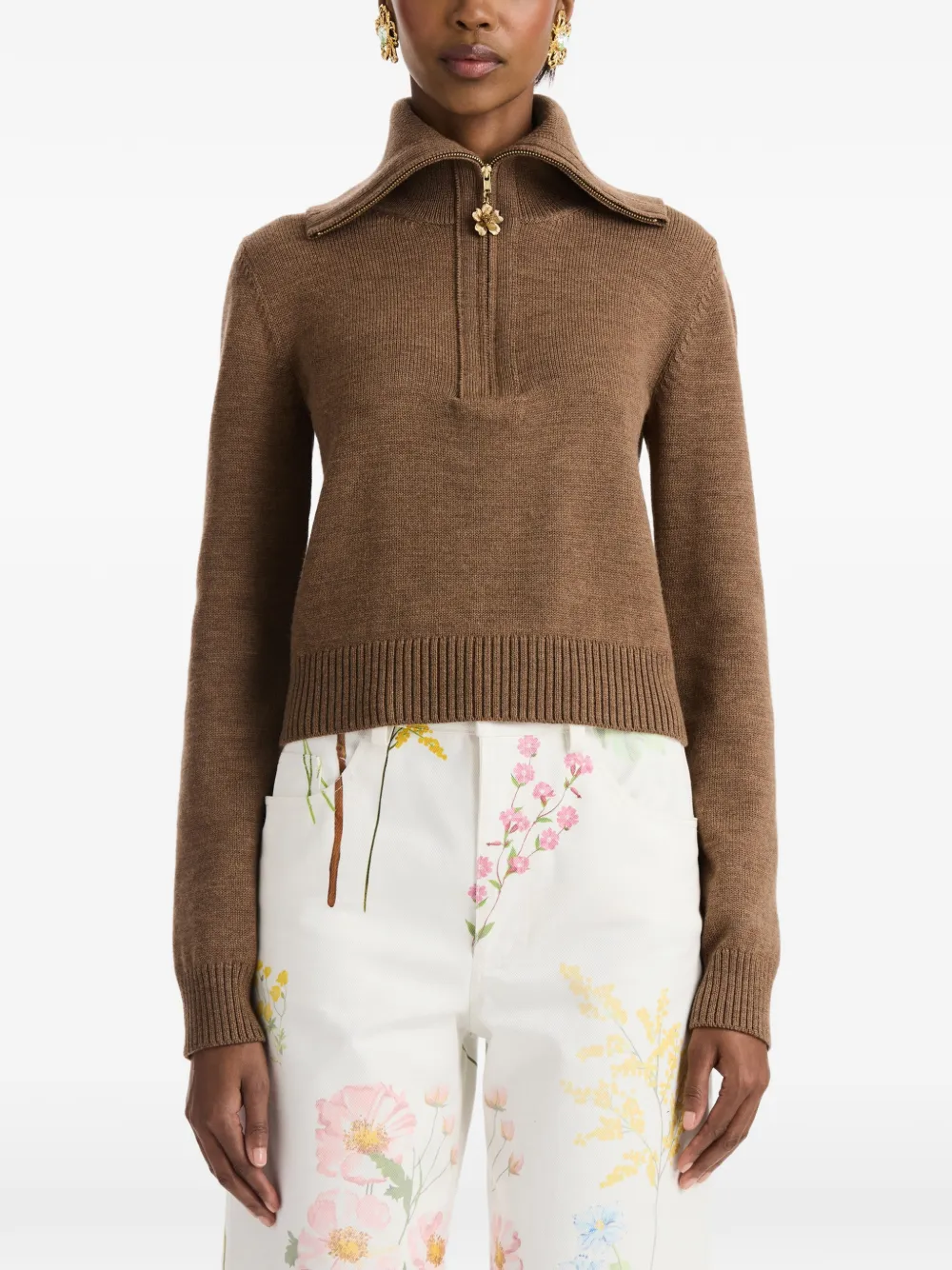 Oscar de la Renta Double-collar Quarter-zip Cropped Sweater in Brown, view 3
