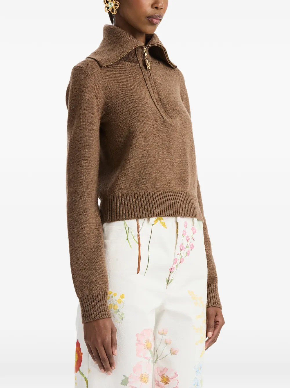 Oscar de la Renta Double-collar Quarter-zip Cropped Sweater in Brown, view 4