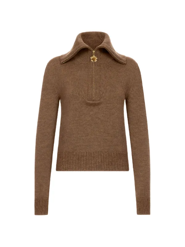 Oscar de la Renta Double-collar Quarter-zip Cropped Sweater in Brown