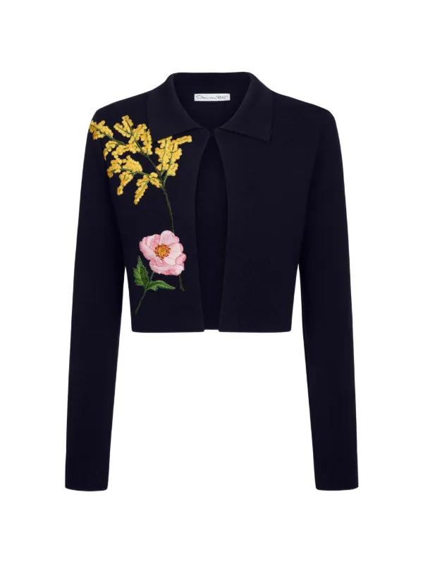 Oscar de la Renta Botanical-embroidery Cropped Jacket in Blue