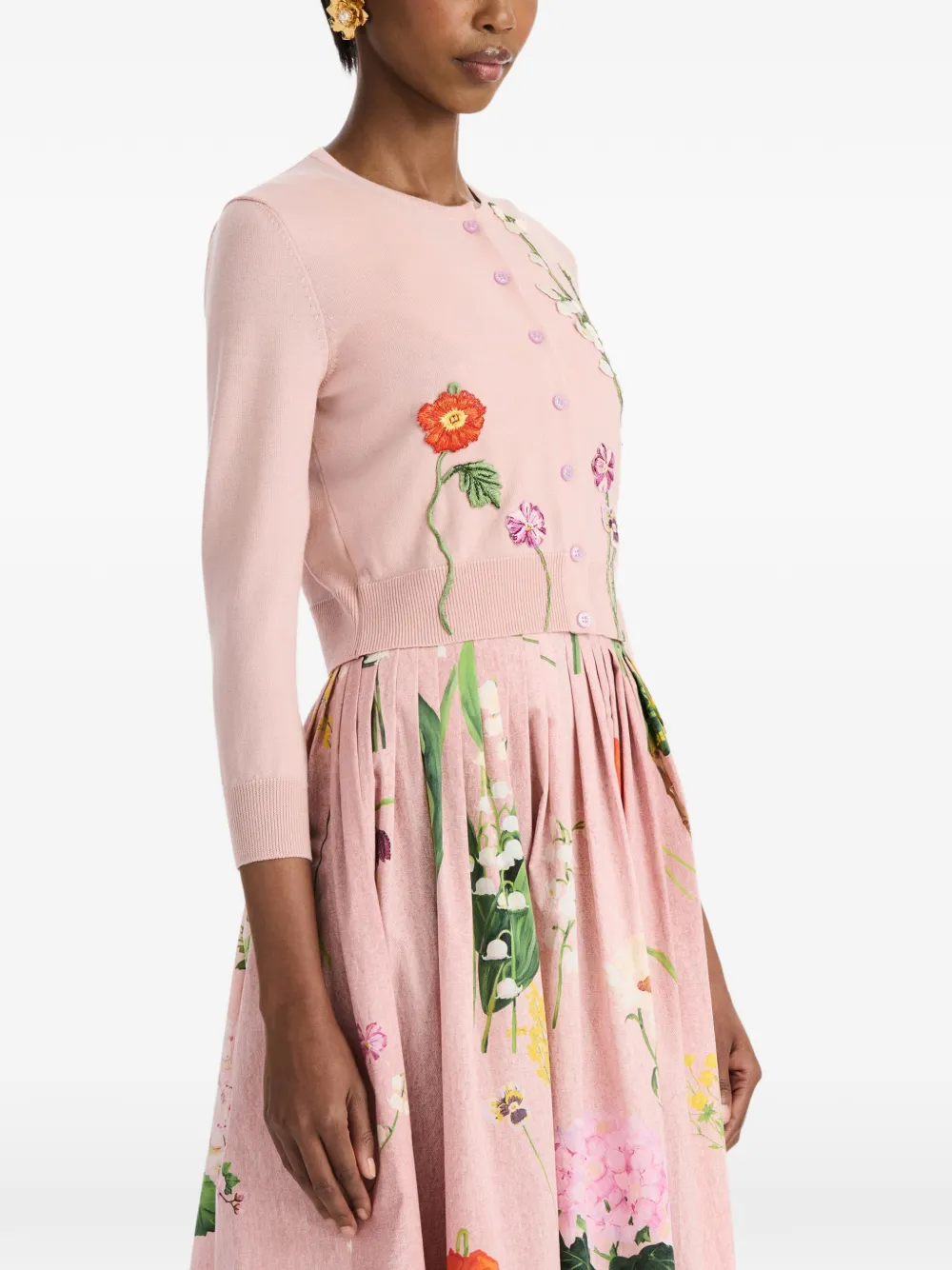 Oscar de la Renta Botanical Threadwork-embroidered Cardigan in Pink, view 4