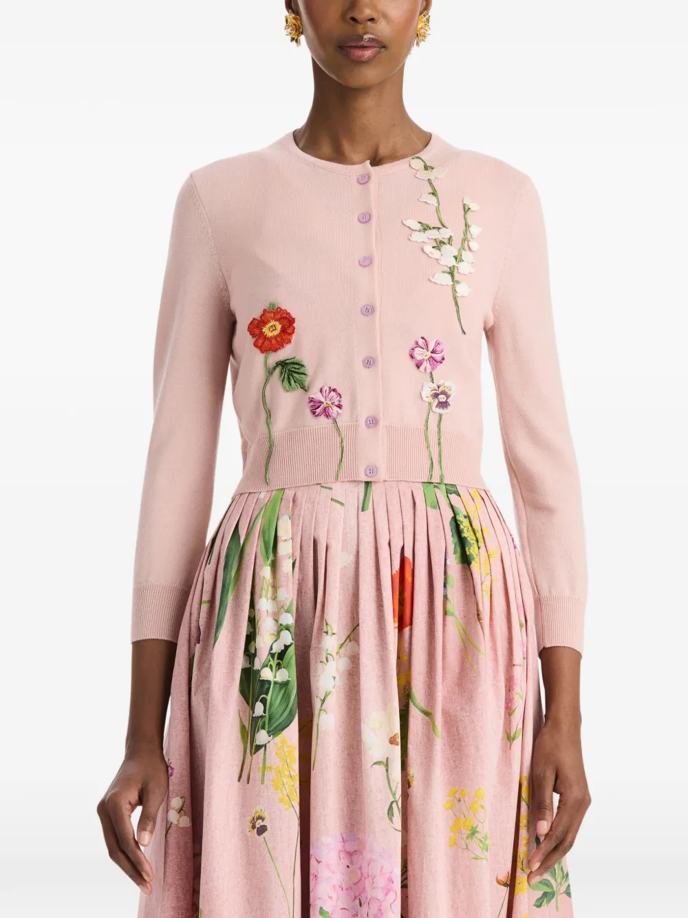 Oscar de la Renta Botanical Threadwork-embroidered Cardigan in Pink, view 3