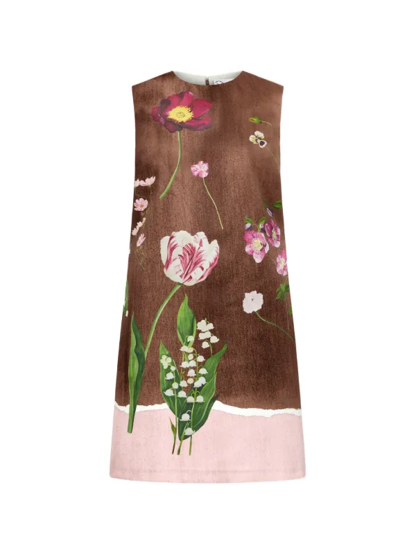 Oscar de la Renta Botanical-print Shift Mini Dress in Brown