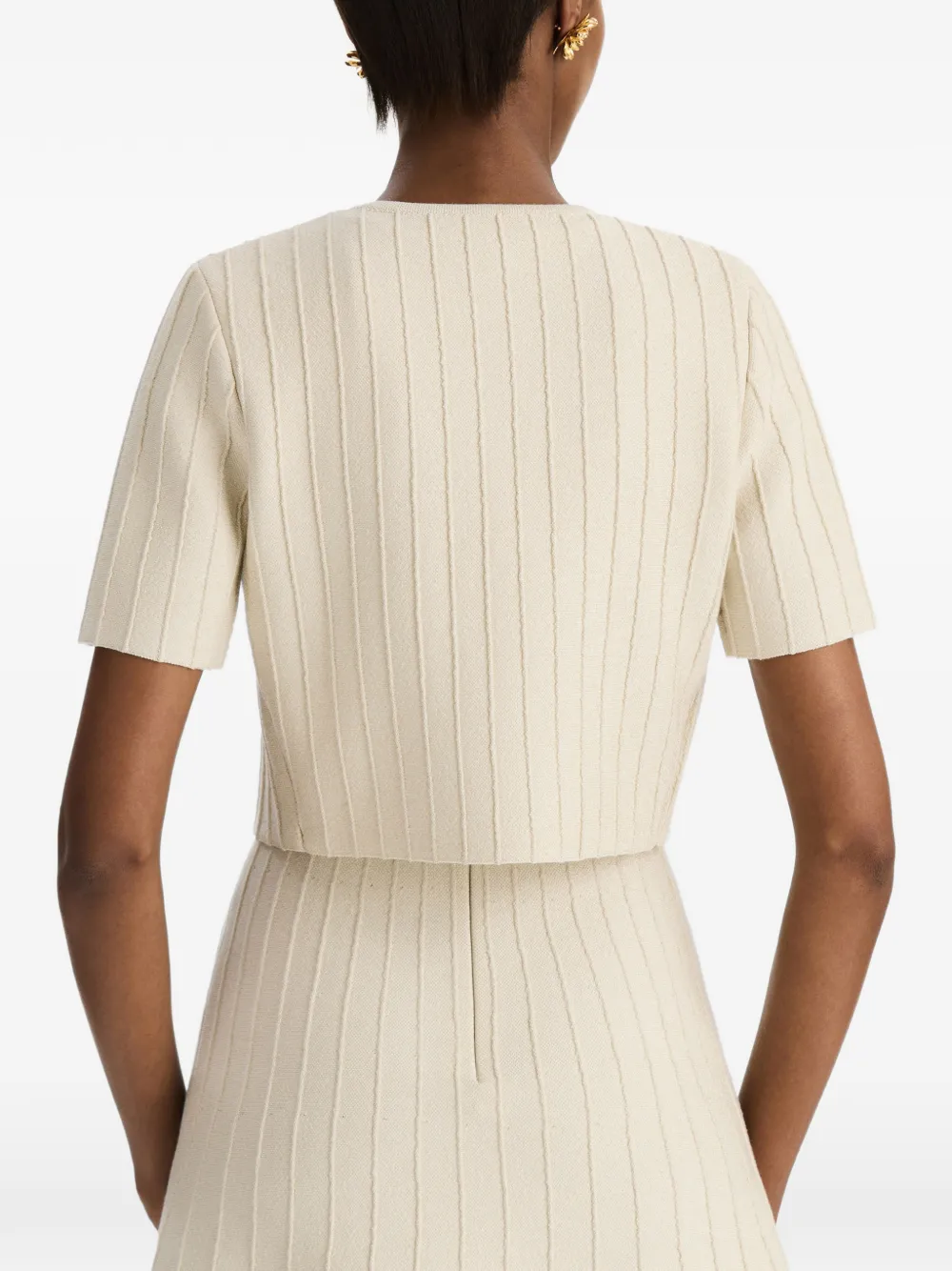 Oscar de la Renta Ottoman Floral-embellished Short-sleeved Cropped Cardigan in Neutrals, view 5