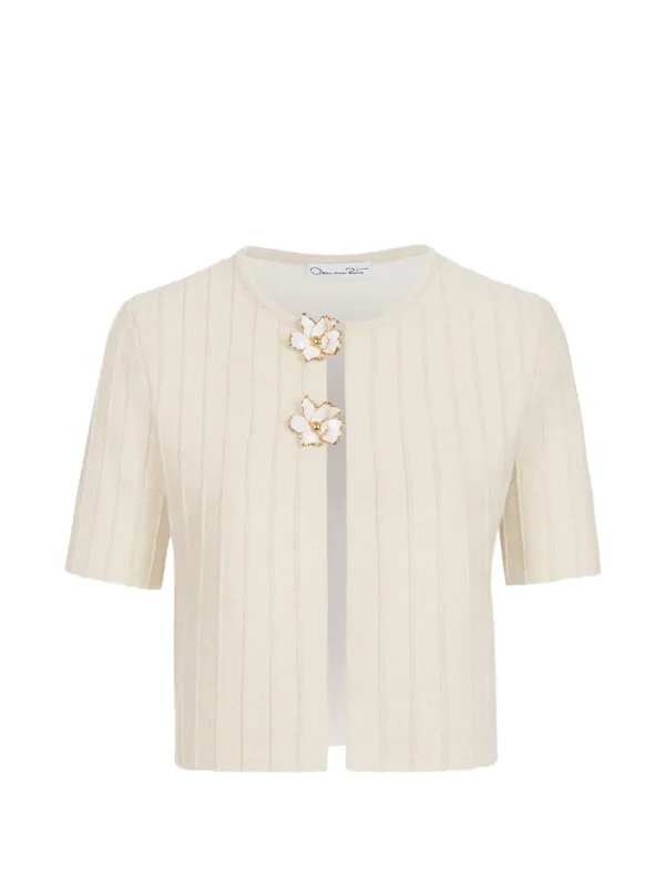 Oscar de la Renta Ottoman Floral-embellished Short-sleeved Cropped Cardigan in Neutrals