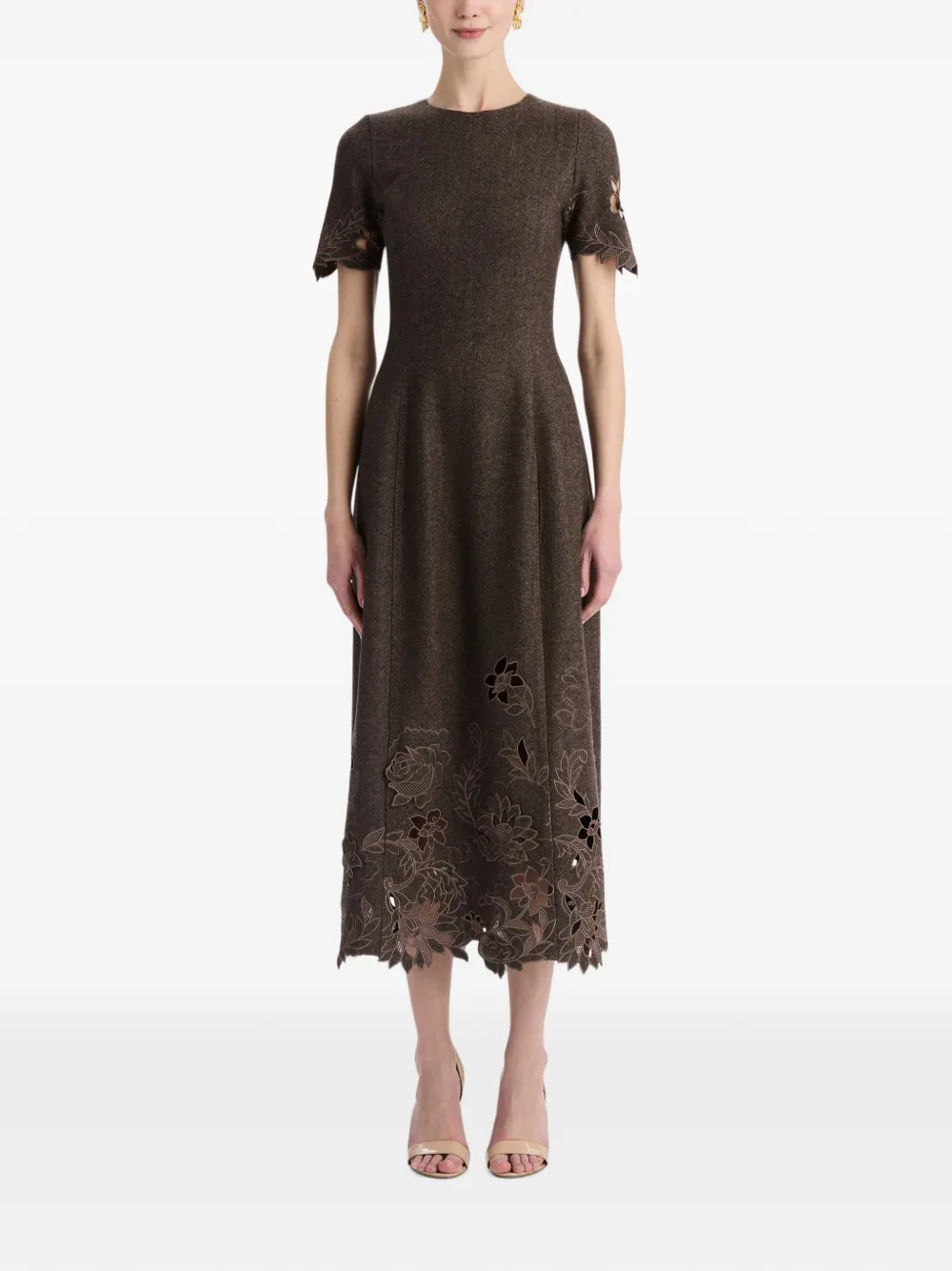 Oscar de la Renta Flared midi-jurk met visgraatpatroon en pioenroos-uitgesneden details Bruin