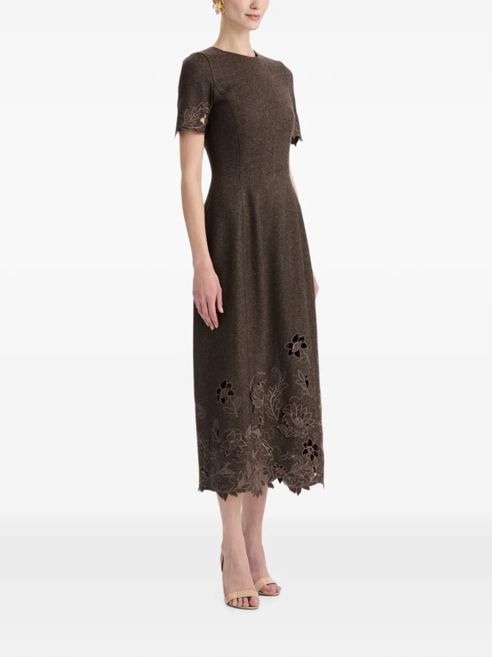 Oscar de la Renta Flared midi-jurk met visgraatpatroon en pioenroos-uitgesneden details Bruin