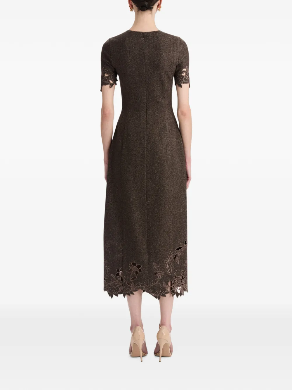 Oscar de la Renta Flared midi-jurk met visgraatpatroon en pioenroos-uitgesneden details Bruin