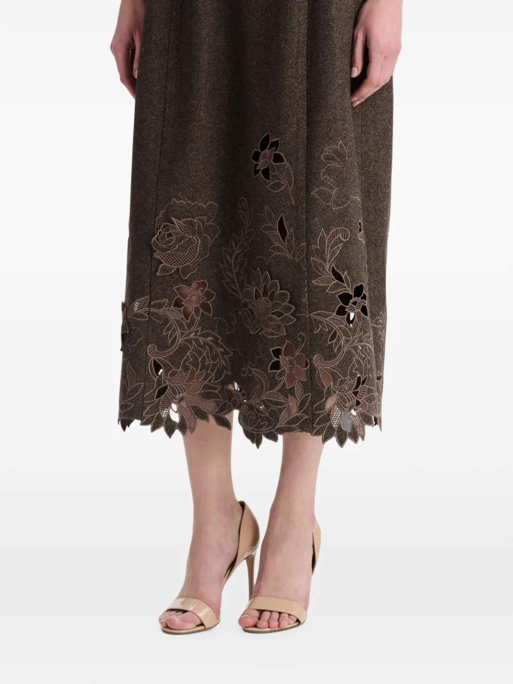Oscar de la Renta Flared midi-jurk met visgraatpatroon en pioenroos-uitgesneden details Bruin