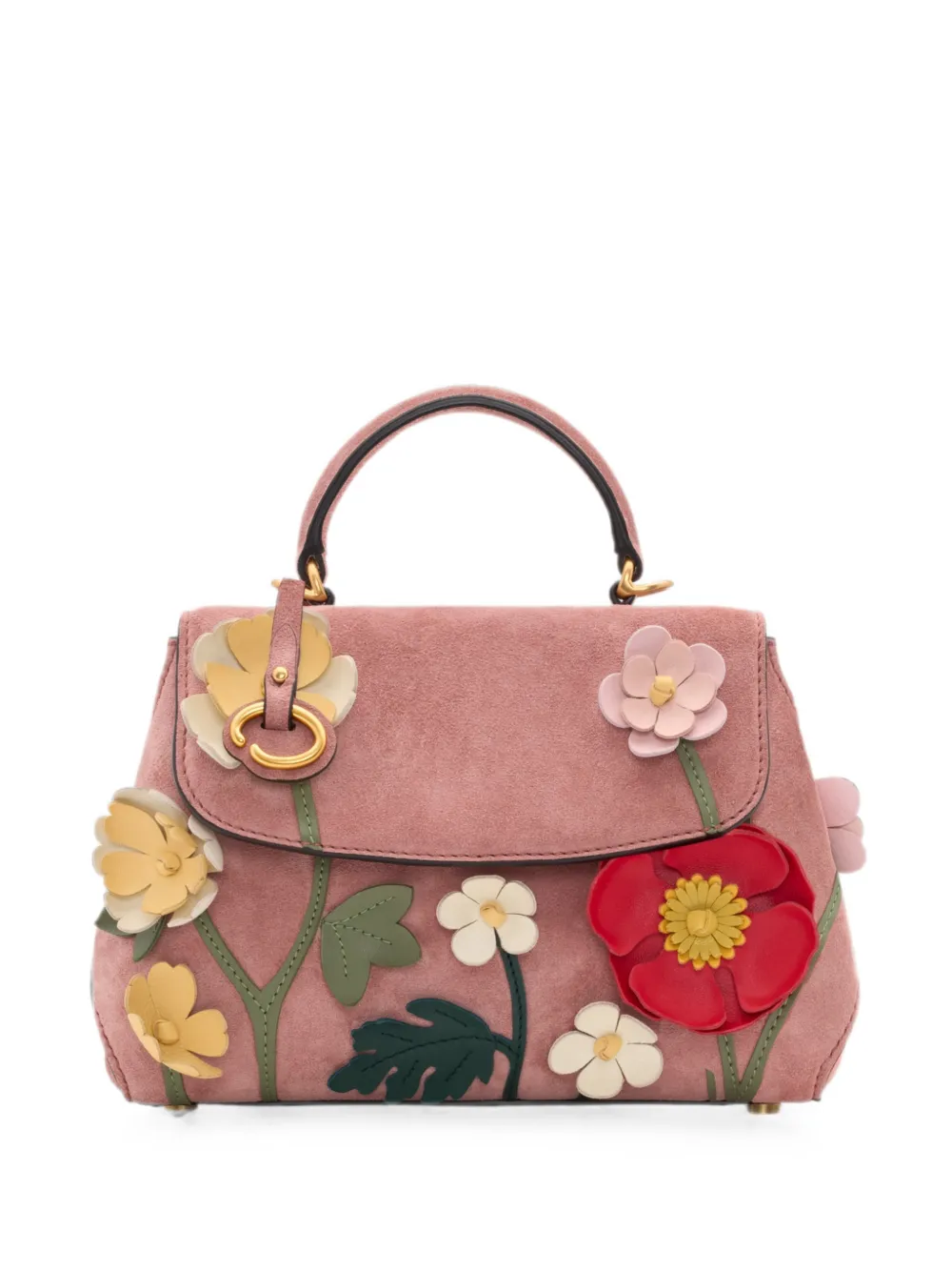 Oscar de la Renta Mini Poppy Floral-appliqué Suede Tote Bag in Pink, view 5