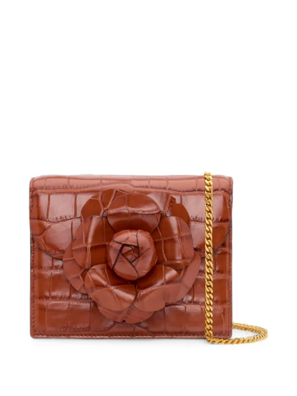 Oscar de la Renta Mini TRO Crocodile-effect Floral-appliqué Cutch Bag in Brown