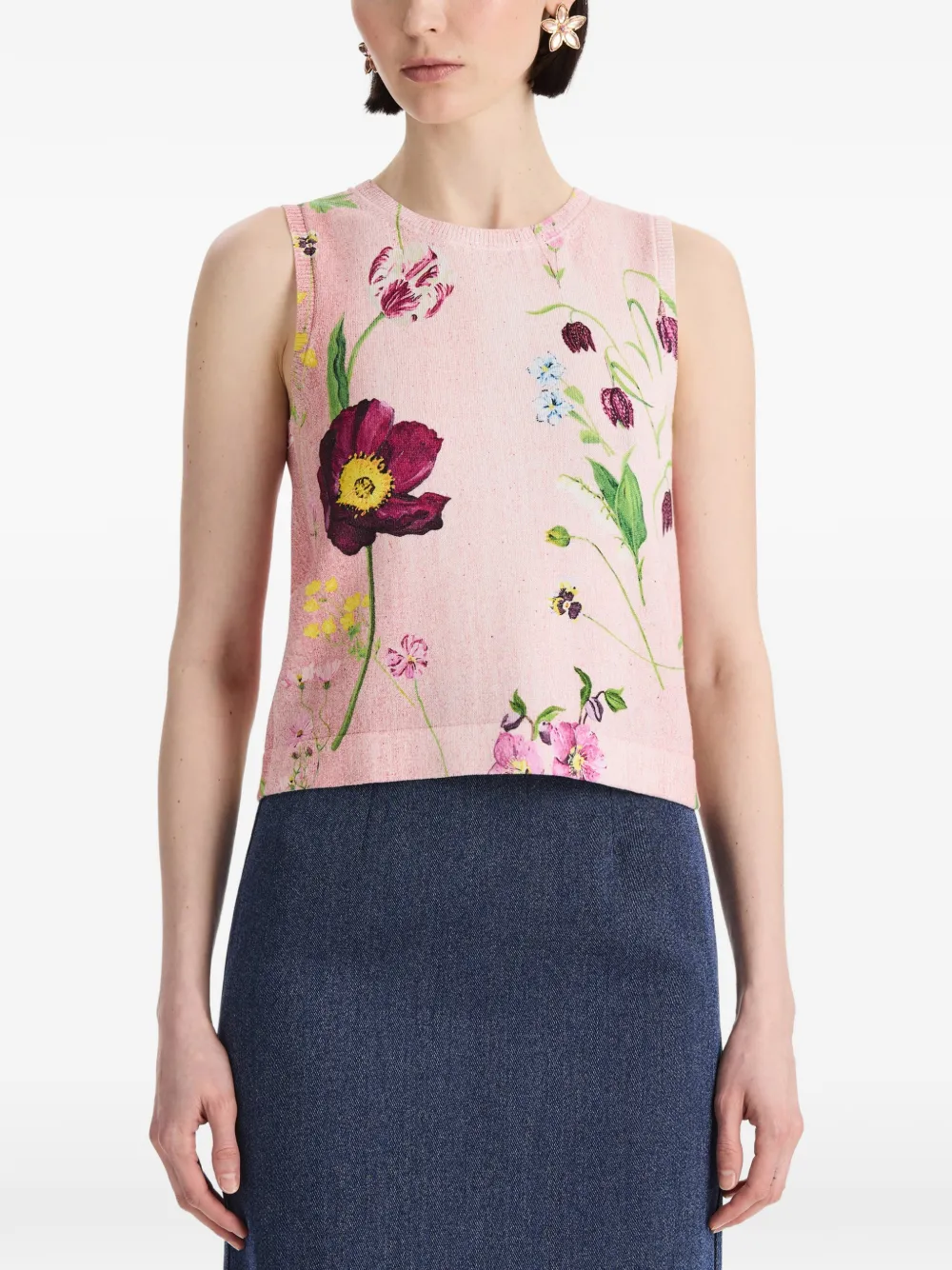 Oscar de la Renta Mouwloze trui met botanische print Roze