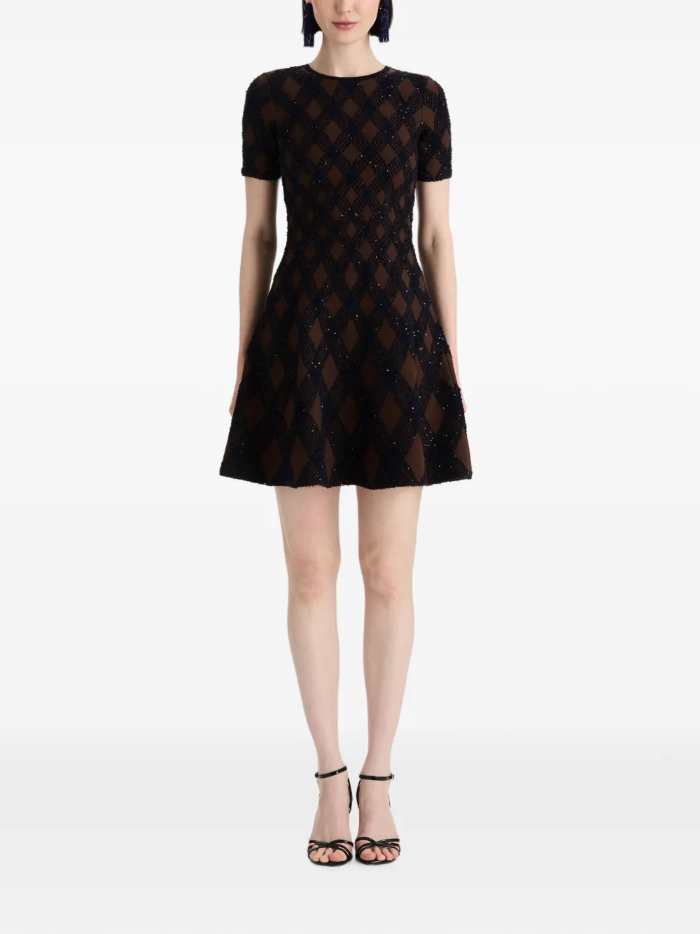 Oscar de la Renta Flared mini-jurk verfraaid met pailletten en argyle patroon Blauw