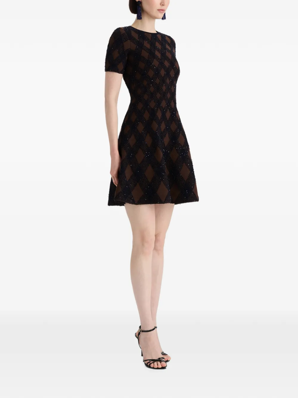 Oscar de la Renta Flared mini-jurk verfraaid met pailletten en argyle patroon Blauw