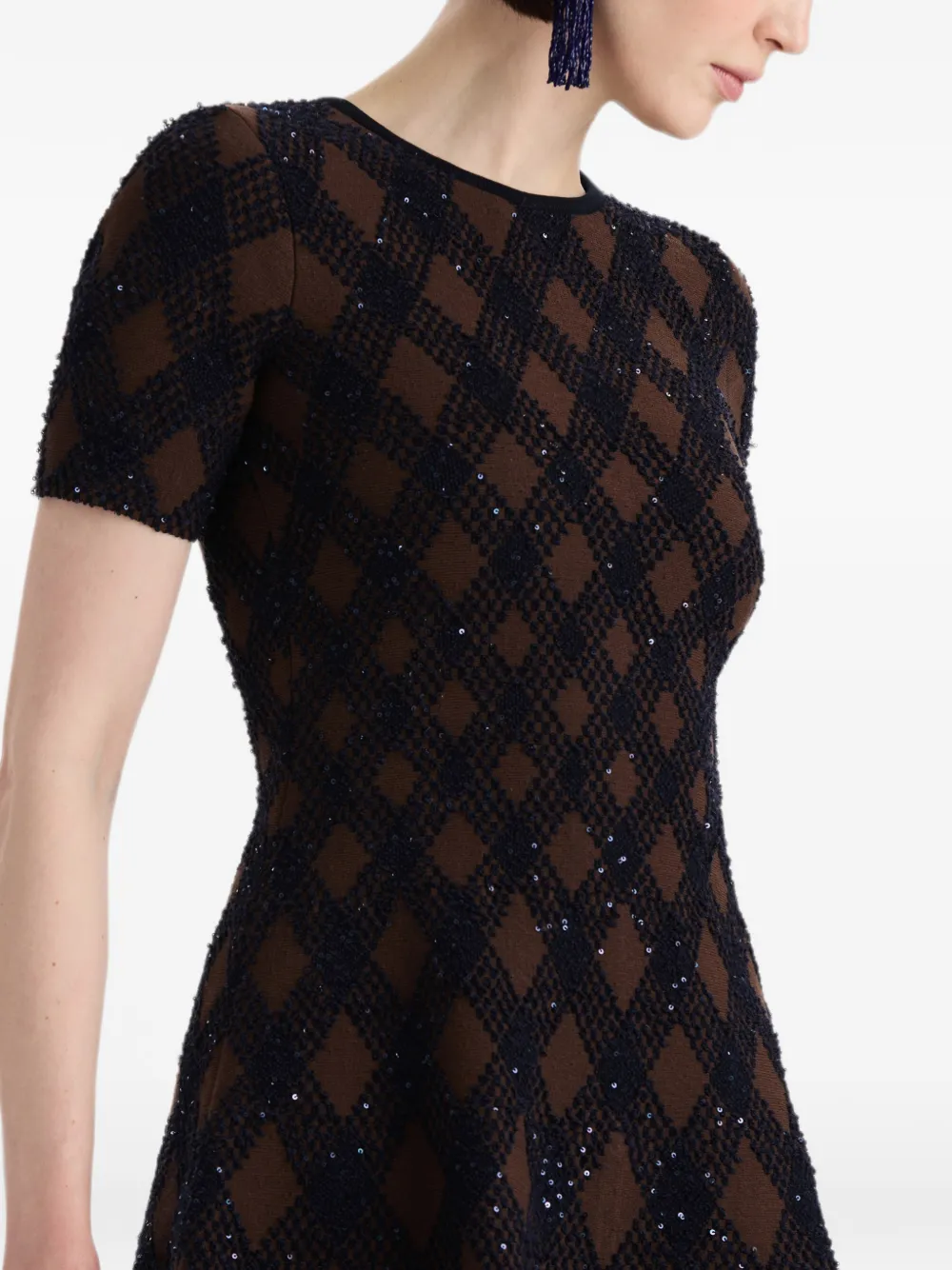 Oscar de la Renta Flared mini-jurk verfraaid met pailletten en argyle patroon Blauw