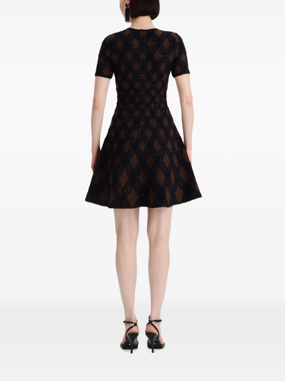 Oscar de la Renta Flared mini-jurk verfraaid met pailletten en argyle patroon Blauw