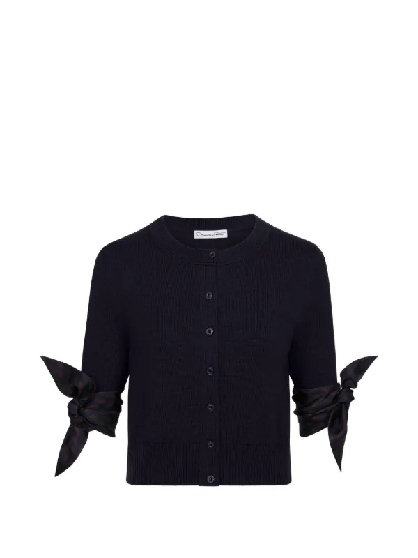 Oscar de la Renta Argyle Tie-detailed Short-sleeved Cropped Cardigan in Blue