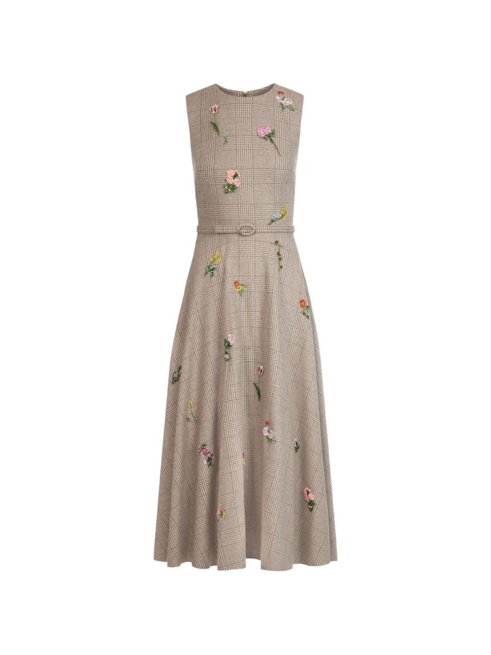 Oscar de la Renta floral-embroidered plaid flared midi dress