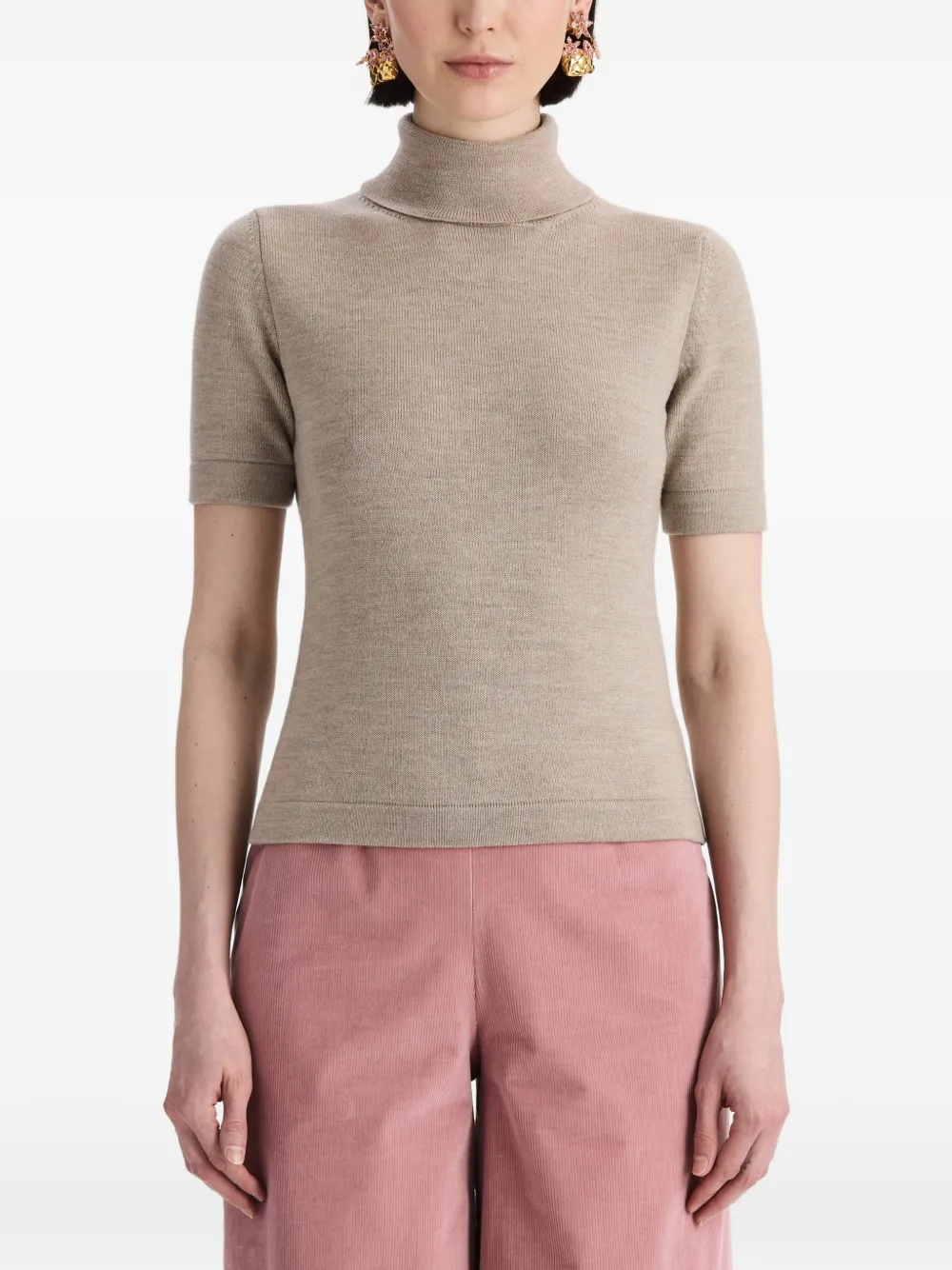 Oscar de la Renta Gebreid T-shirt met col en korte mouwen Beige