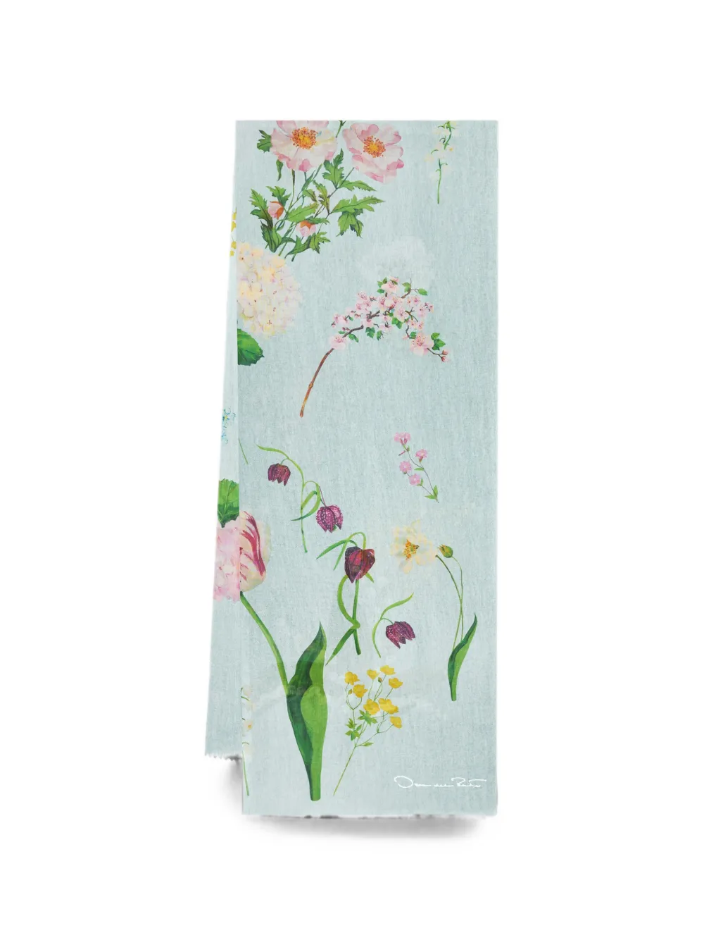 Oscar de la Renta Sjaal met botanische print en franje Blauw