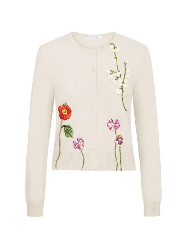 Oscar de la Renta Botanical-threadwork Cardigan in Neutrals