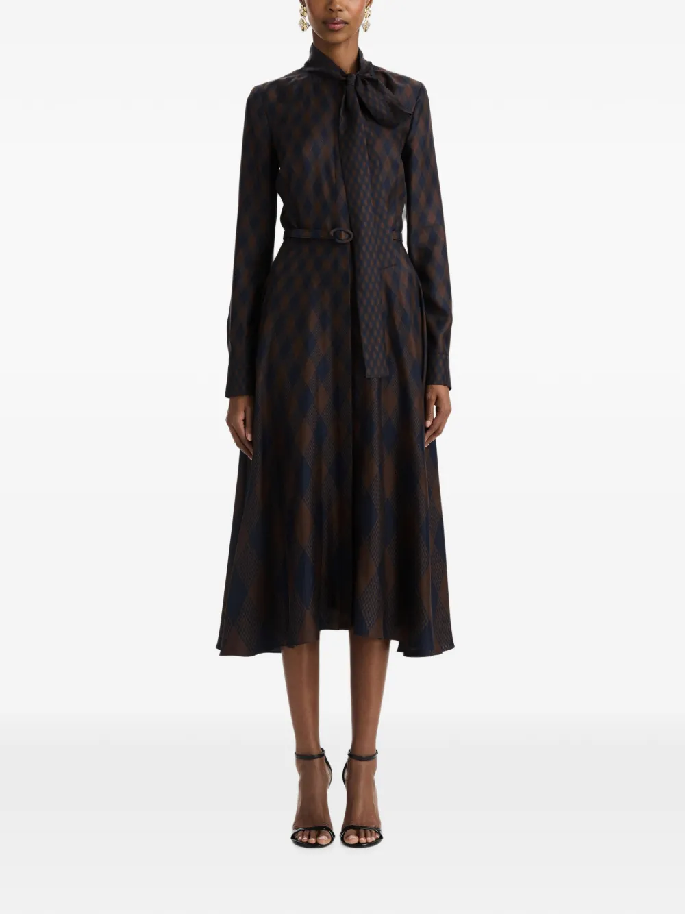 Oscar de la Renta midi-jurk met gestrikte hals en argyle-print Bruin