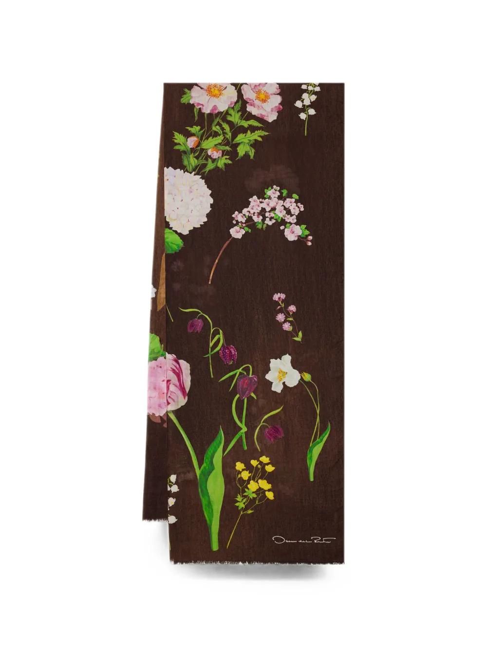 Oscar de la Renta Sjaal met botanische print en franje Bruin
