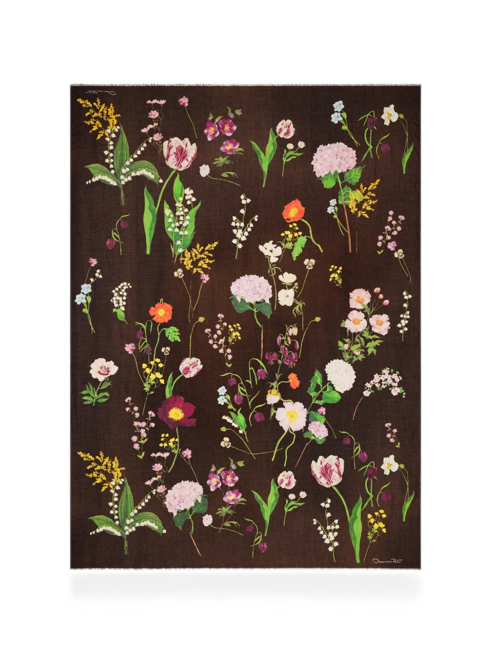 Oscar de la Renta botanical-print frayed scarf - Marrone